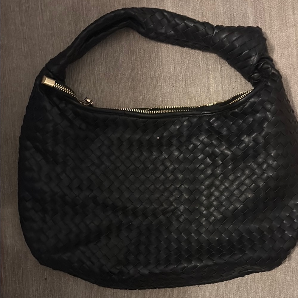 Elegant Black Leather like  Hobo Bag with Woven Texture